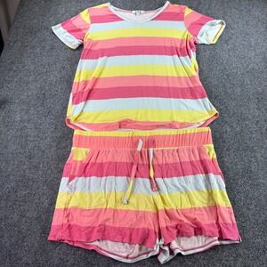 Wildfox Pajama Set Women Med Pink Yellow White Striped Rayon Spandex Loungewear